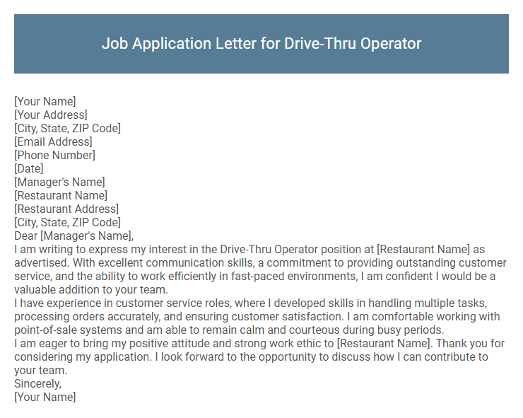 Job Application Letter for Drive-Thru Operator
