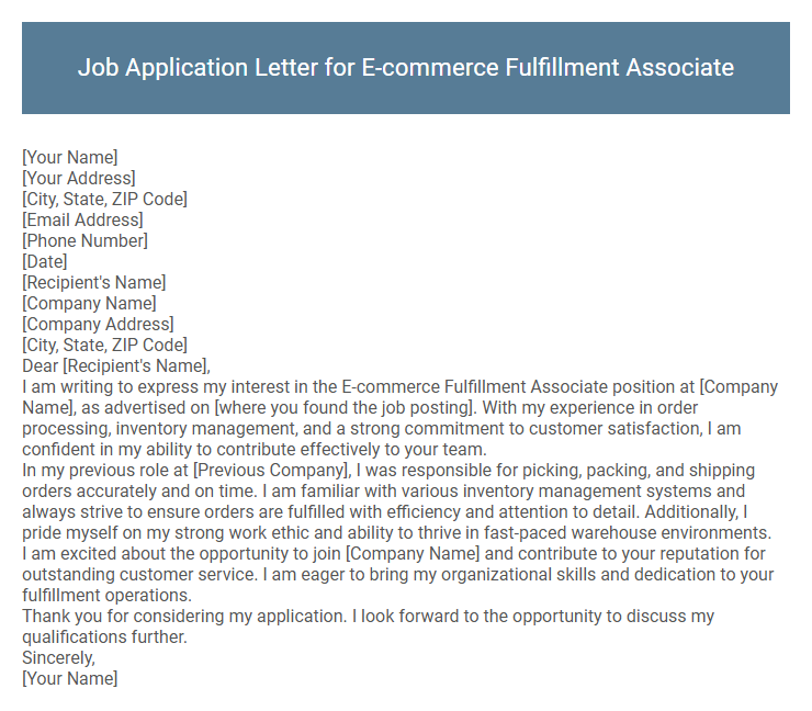 Job Application Letter for E-commerce Fulfillment Associate