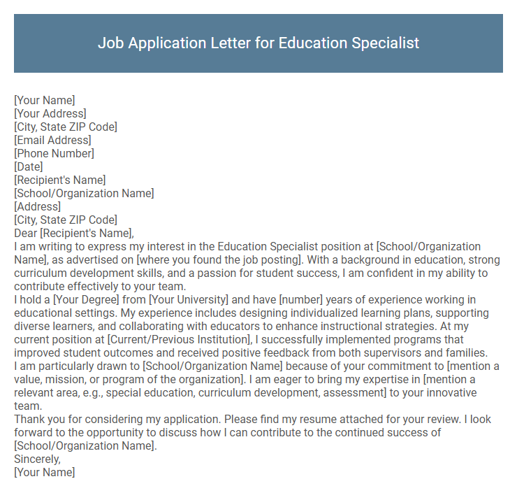 Job Application Letter for Education Specialist