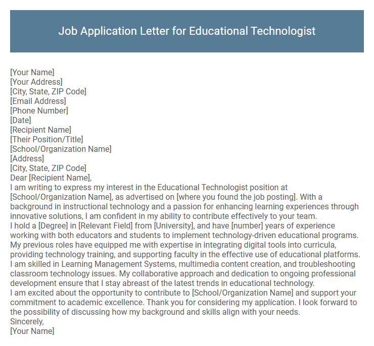 Job Application Letter for Educational Technologist