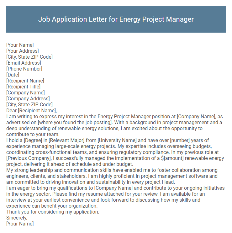 Job Application Letter for Energy Project Manager