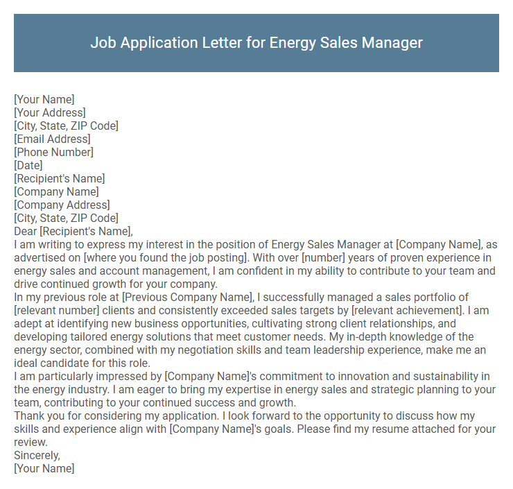 Job Application Letter for Energy Sales Manager