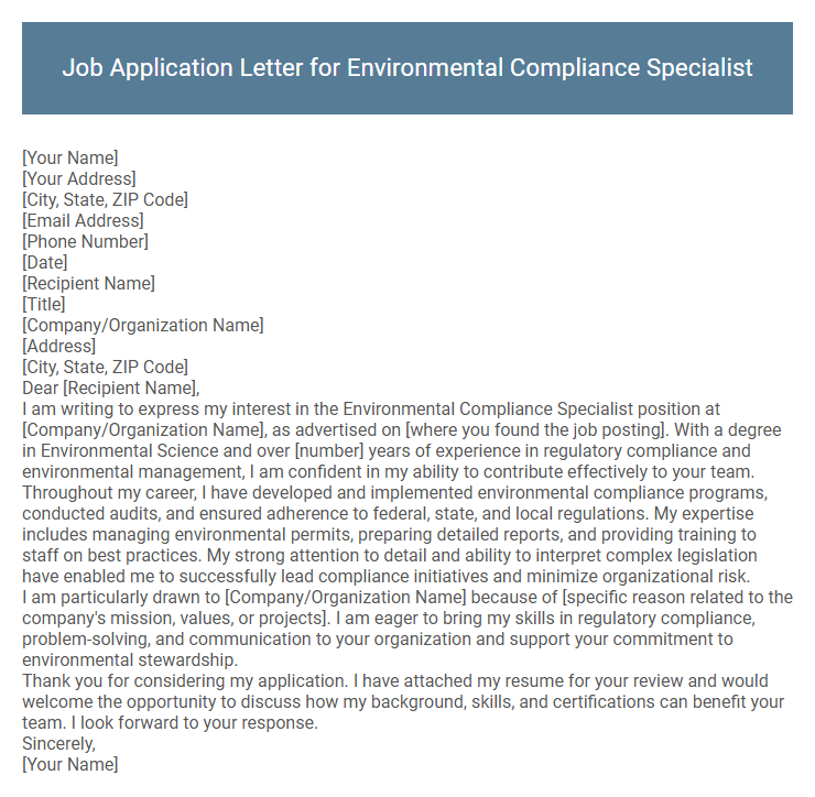 Job Application Letter for Environmental Compliance Specialist