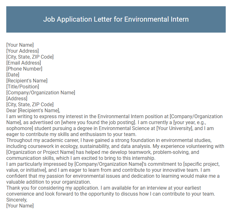 Job Application Letter for Environmental Intern