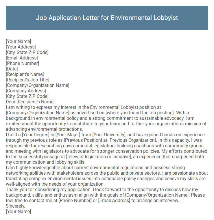 Job Application Letter for Environmental Lobbyist
