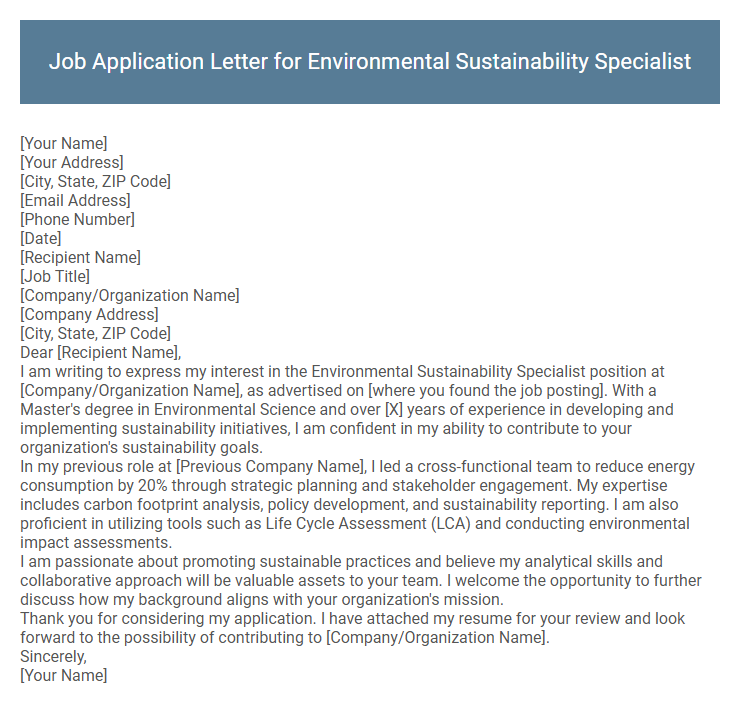 Job Application Letter for Environmental Sustainability Specialist