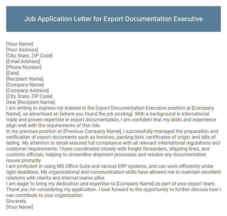 Job Application Letter for Export Documentation Executive