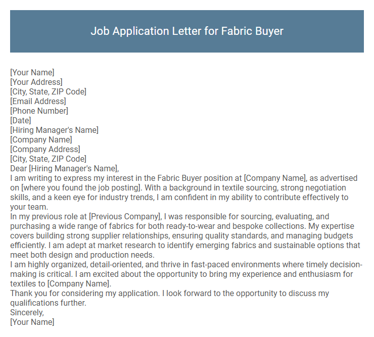 Job Application Letter for Fabric Buyer