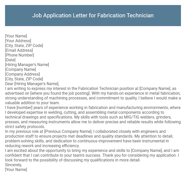 Job Application Letter for Fabrication Technician