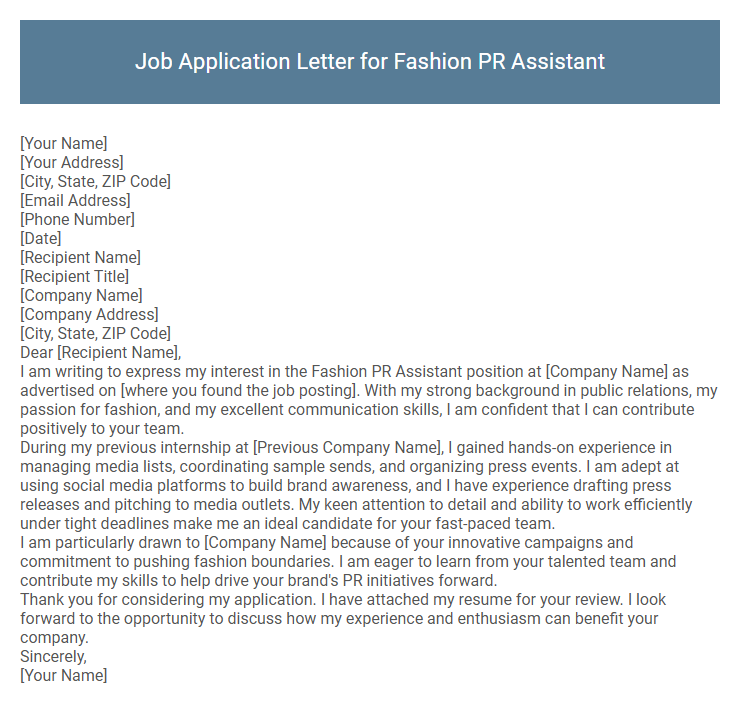Job Application Letter for Fashion PR Assistant
