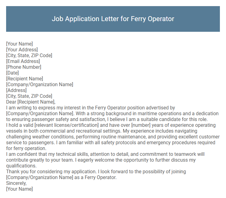 Job Application Letter for Ferry Operator
