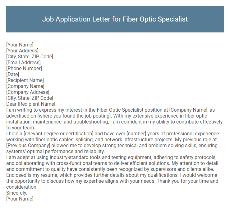 Job Application Letter for Fiber Optic Specialist