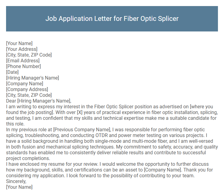 Job Application Letter for Fiber Optic Splicer