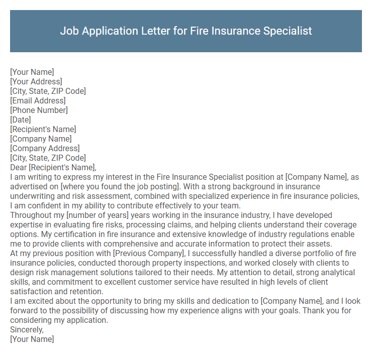 Job Application Letter for Fire Insurance Specialist