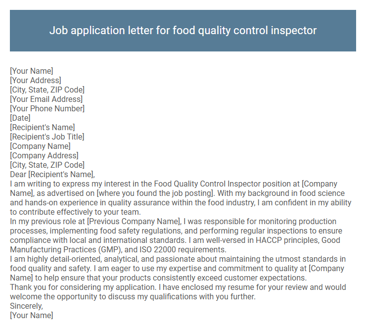 Job application letter for food quality control inspector