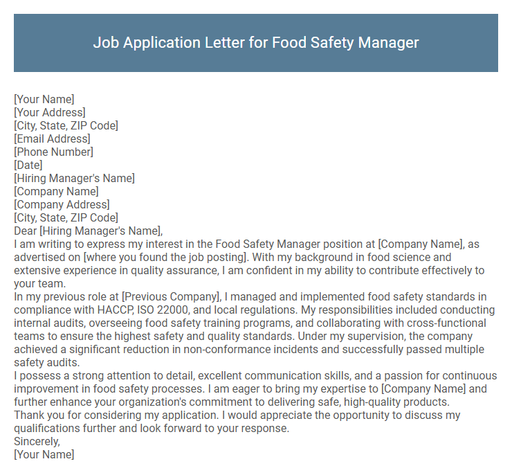Job Application Letter for Food Safety Manager