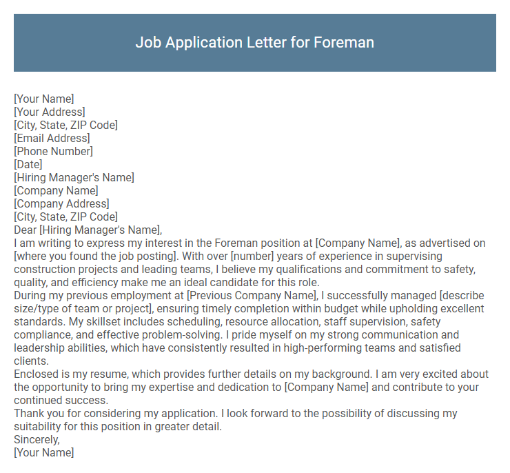 Job Application Letter for Foreman