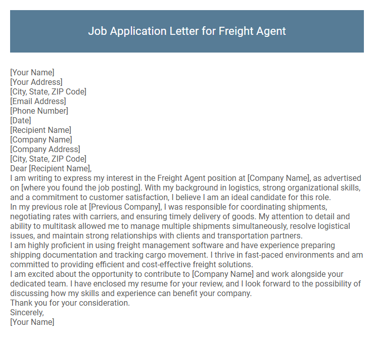 Job Application Letter for Freight Agent
