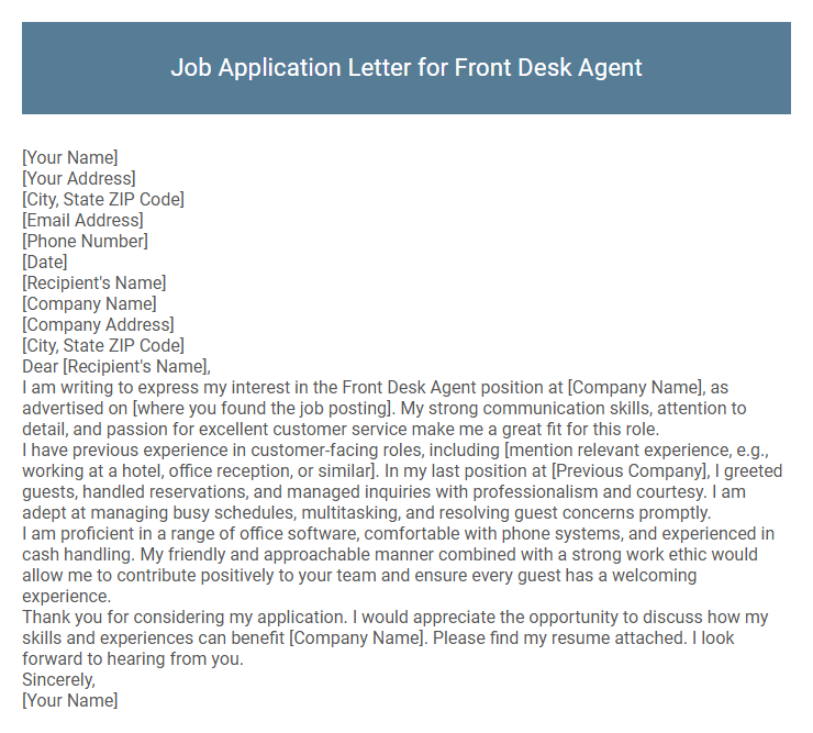 Job Application Letter for Front Desk Agent