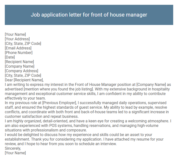 Job application letter for front of house manager