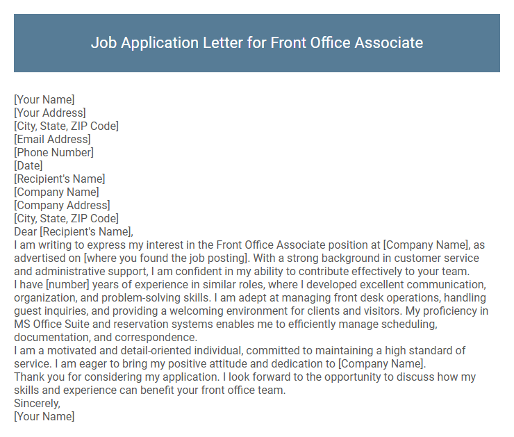 Job Application Letter for Front Office Associate