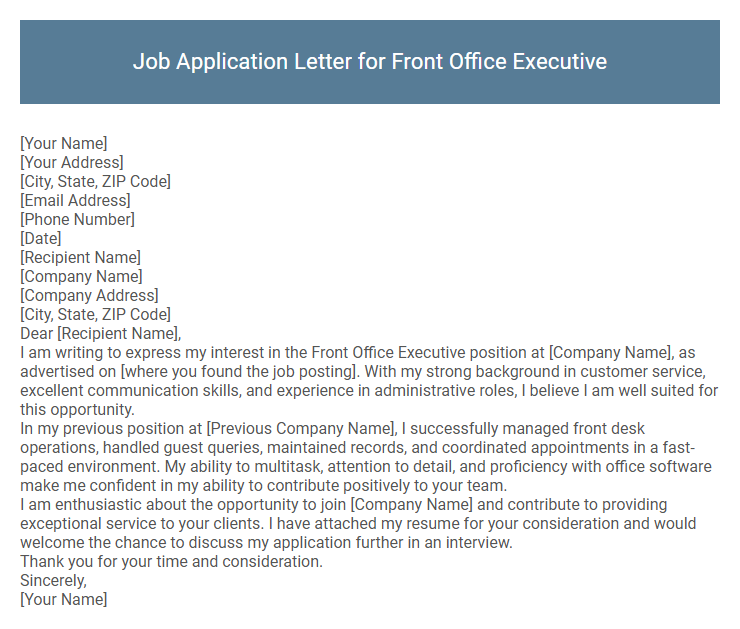 Job Application Letter for Front Office Executive