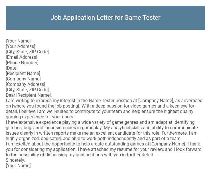 Job Application Letter for Game Tester