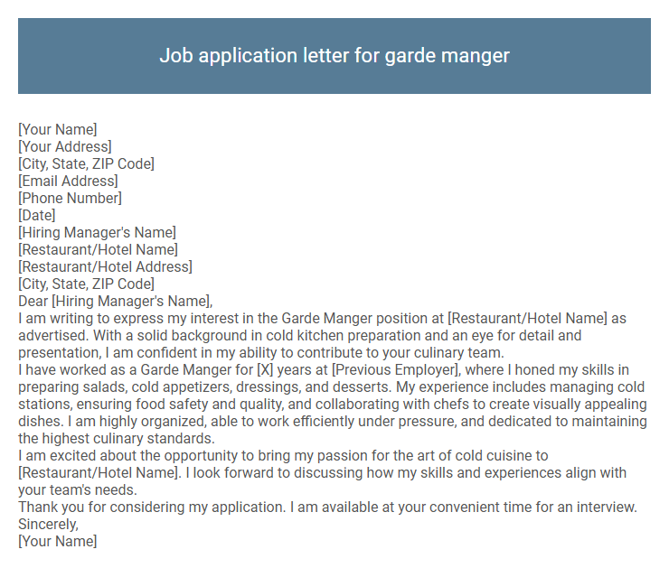 Job application letter for garde manger