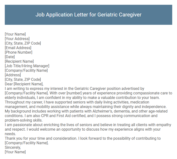Job Application Letter for Geriatric Caregiver