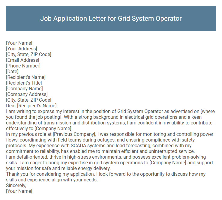 Job Application Letter for Grid System Operator