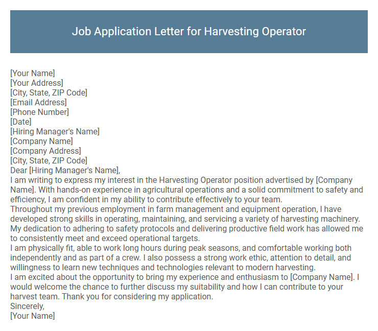 Job Application Letter for Harvesting Operator