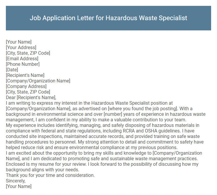 Job Application Letter for Hazardous Waste Specialist