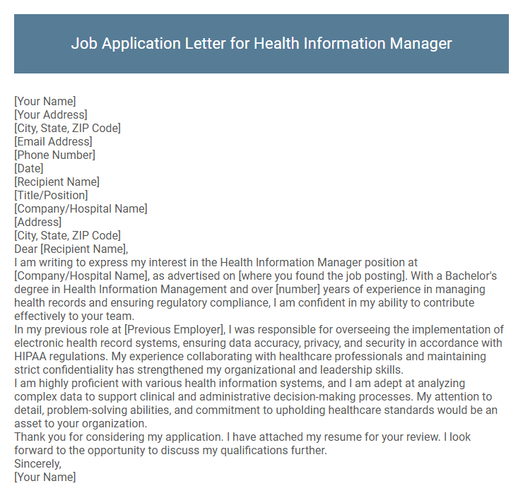Job Application Letter for Health Information Manager