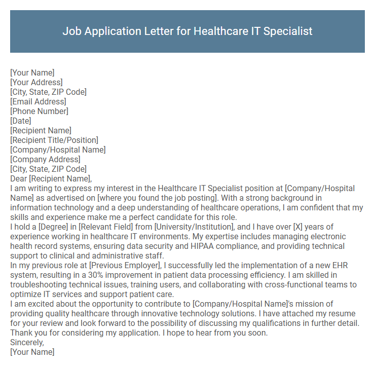 Job Application Letter for Healthcare IT Specialist