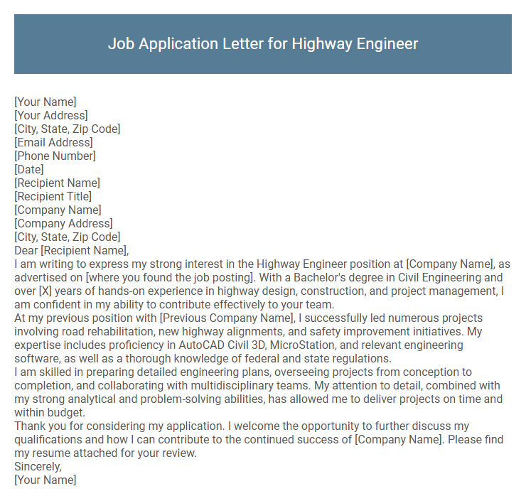 Job Application Letter for Highway Engineer