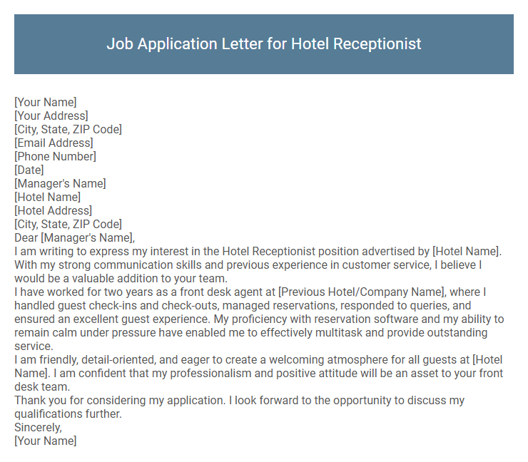 Job Application Letter for Hotel Receptionist