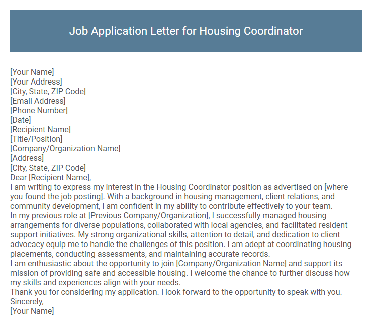 Job Application Letter for Housing Coordinator