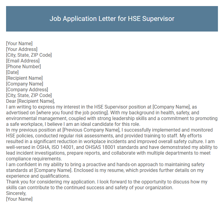 Job Application Letter for HSE Supervisor