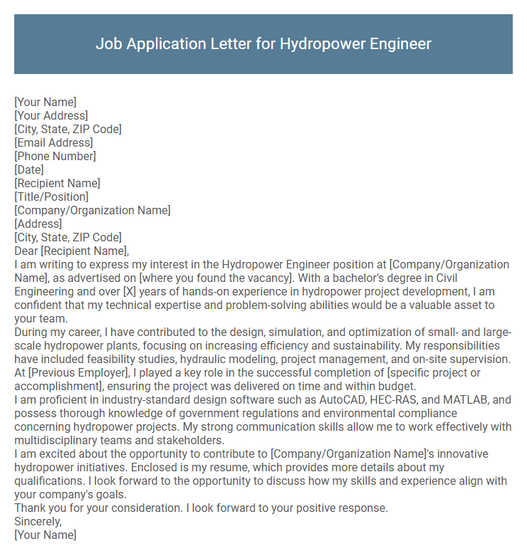 Job Application Letter for Hydropower Engineer
