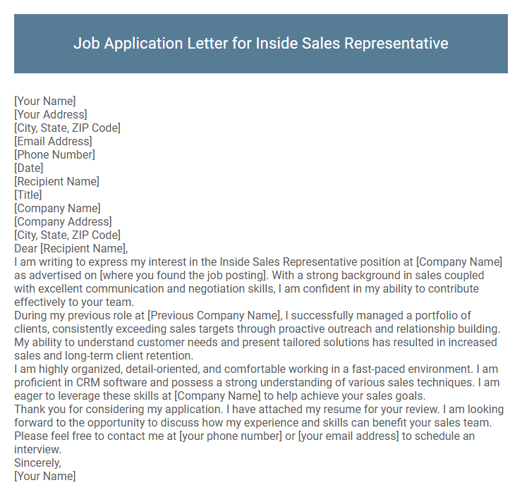Job Application Letter for Inside Sales Representative