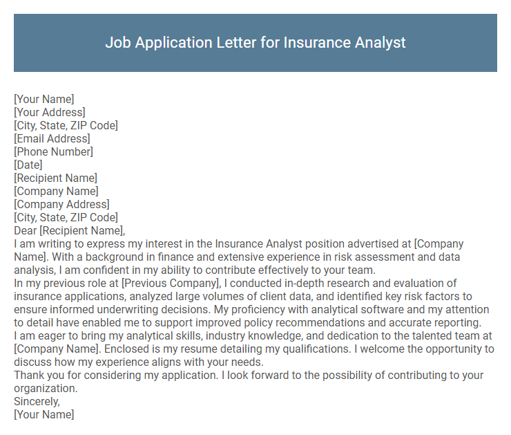 Job Application Letter for Insurance Analyst