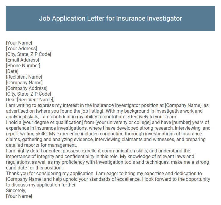Job Application Letter for Insurance Investigator