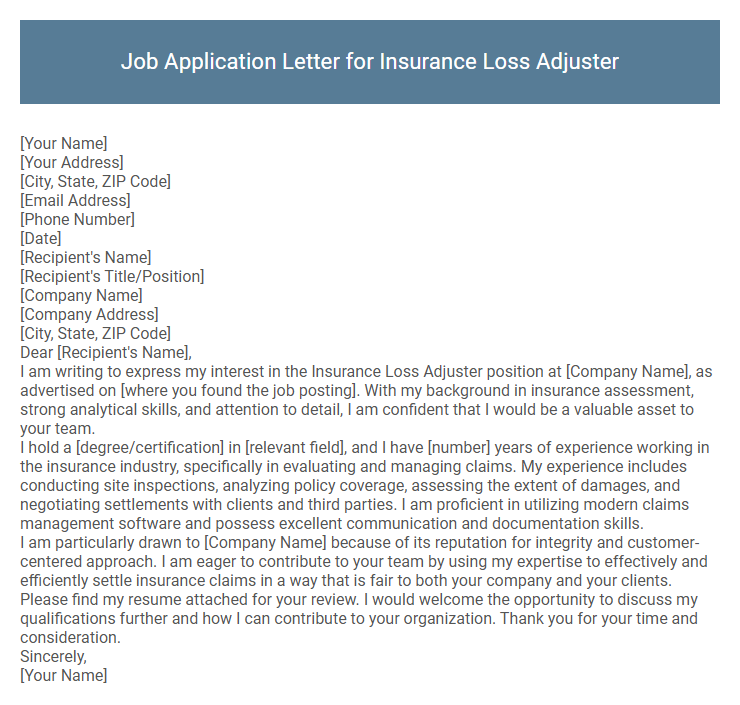 Job Application Letter for Insurance Loss Adjuster