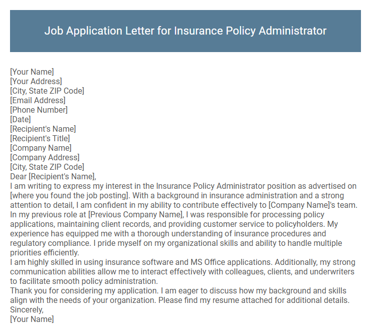 Job Application Letter for Insurance Policy Administrator
