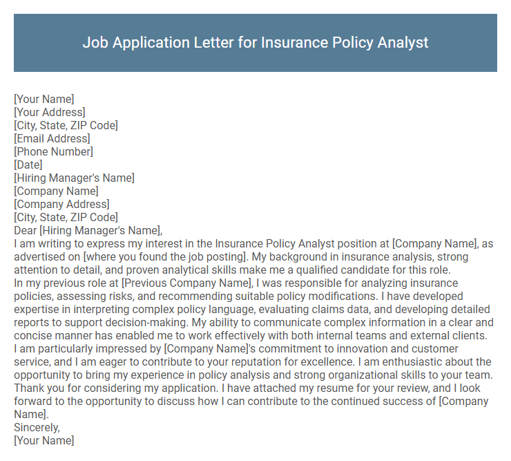 Job Application Letter for Insurance Policy Analyst