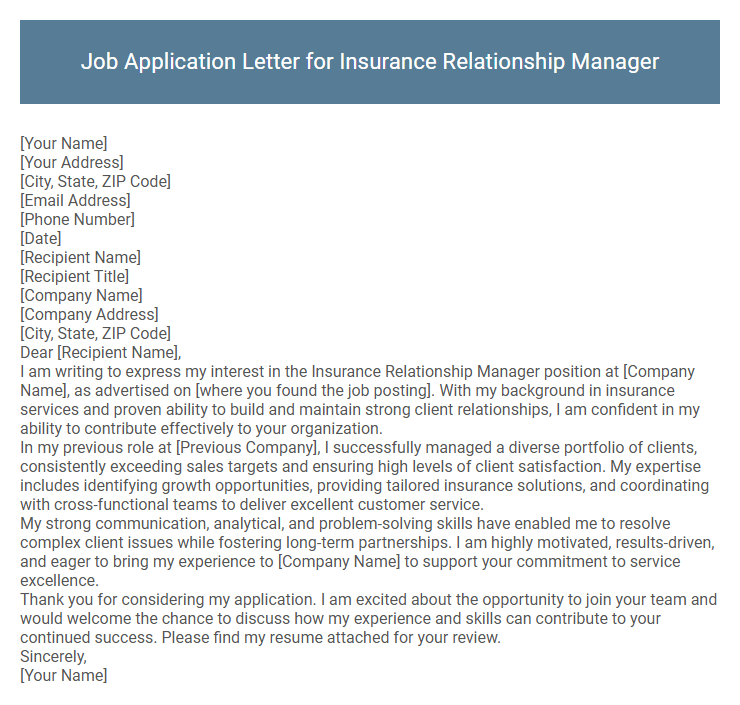 Job Application Letter for Insurance Relationship Manager