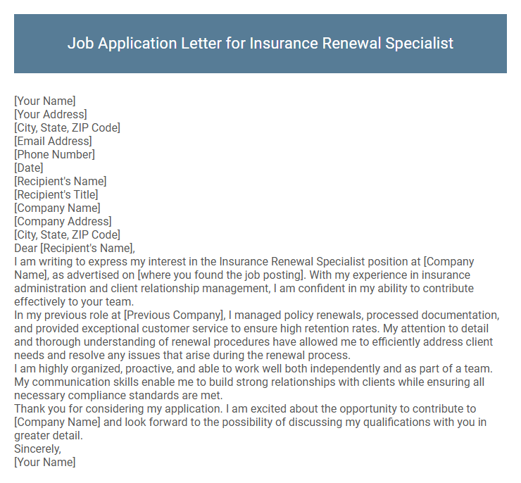Job Application Letter for Insurance Renewal Specialist