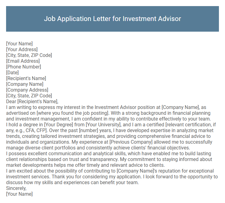 Job Application Letter for Investment Advisor