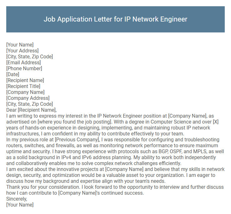 Job Application Letter for IP Network Engineer