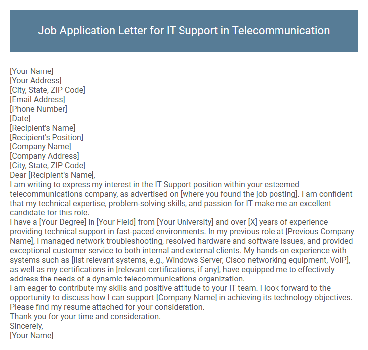 Job Application Letter for IT Support in Telecommunication